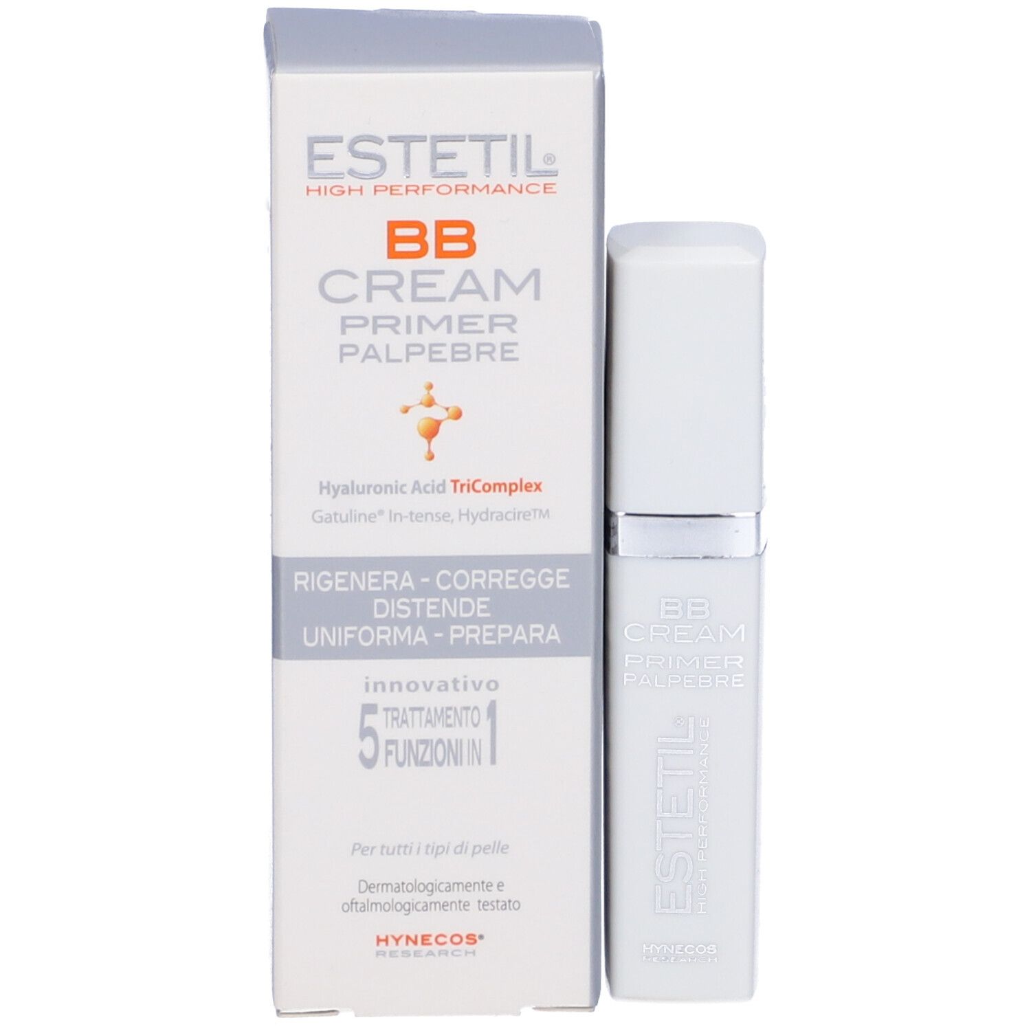Confezione prodotto con contenitore bianco. Scritta: ESTETIL, BB CREAM PRIMER PALPEBRE. Scatola con testo e logo.