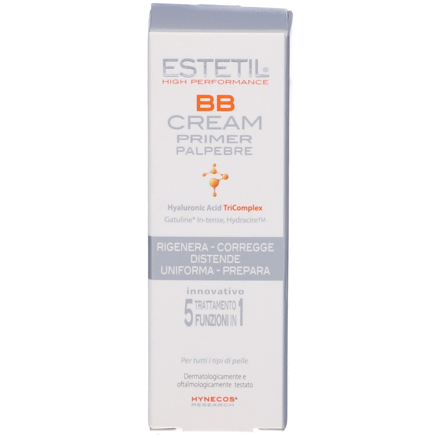 Confezione prodotto con contenitore bianco. Scritta: ESTETIL, BB CREAM PRIMER PALPEBRE. Scatola con testo e logo.