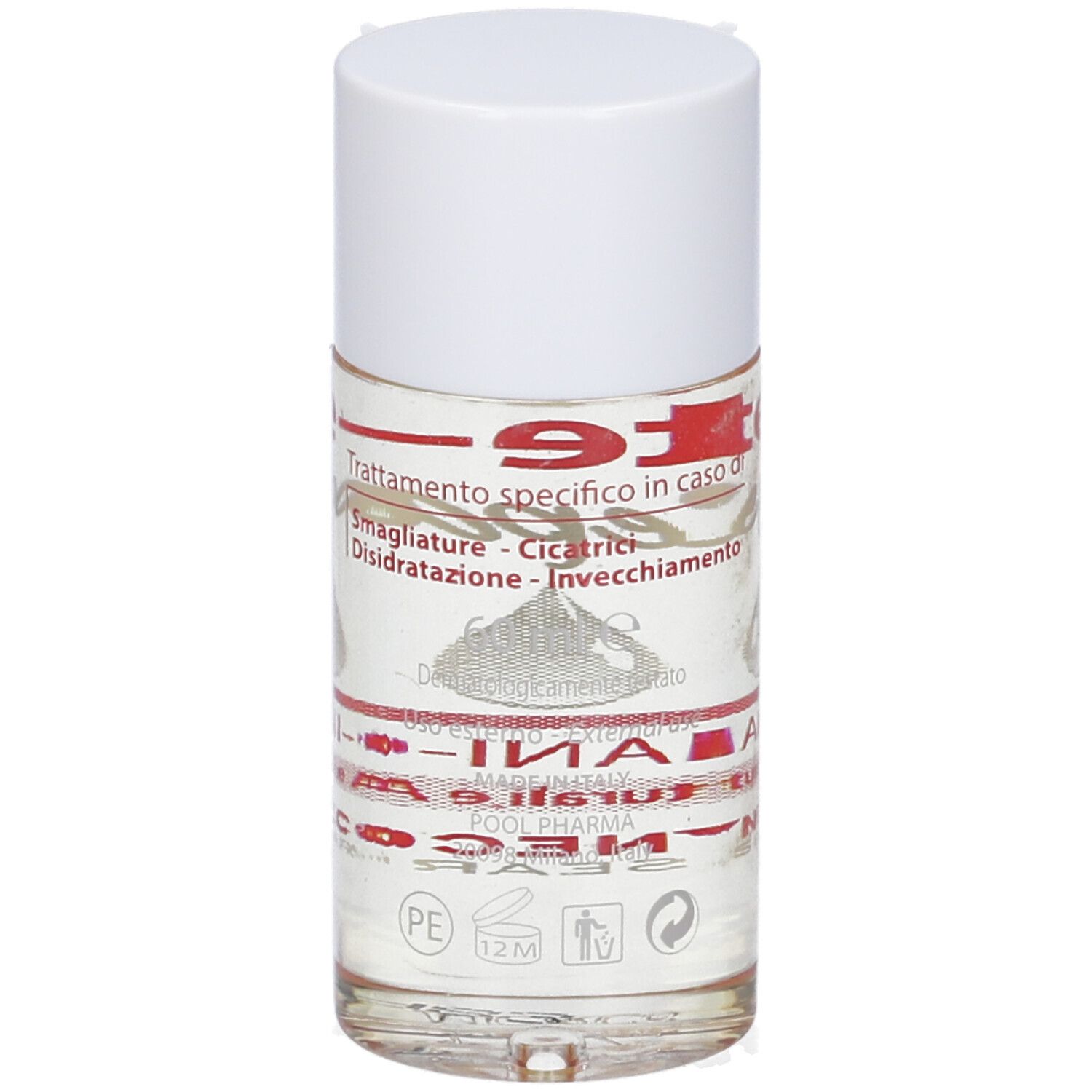 Flacon cylindrique à bouchon blanc. Inscription: Kute-Oil Repair, Viso-Mani-Corpo. Texte avec ingrédients.