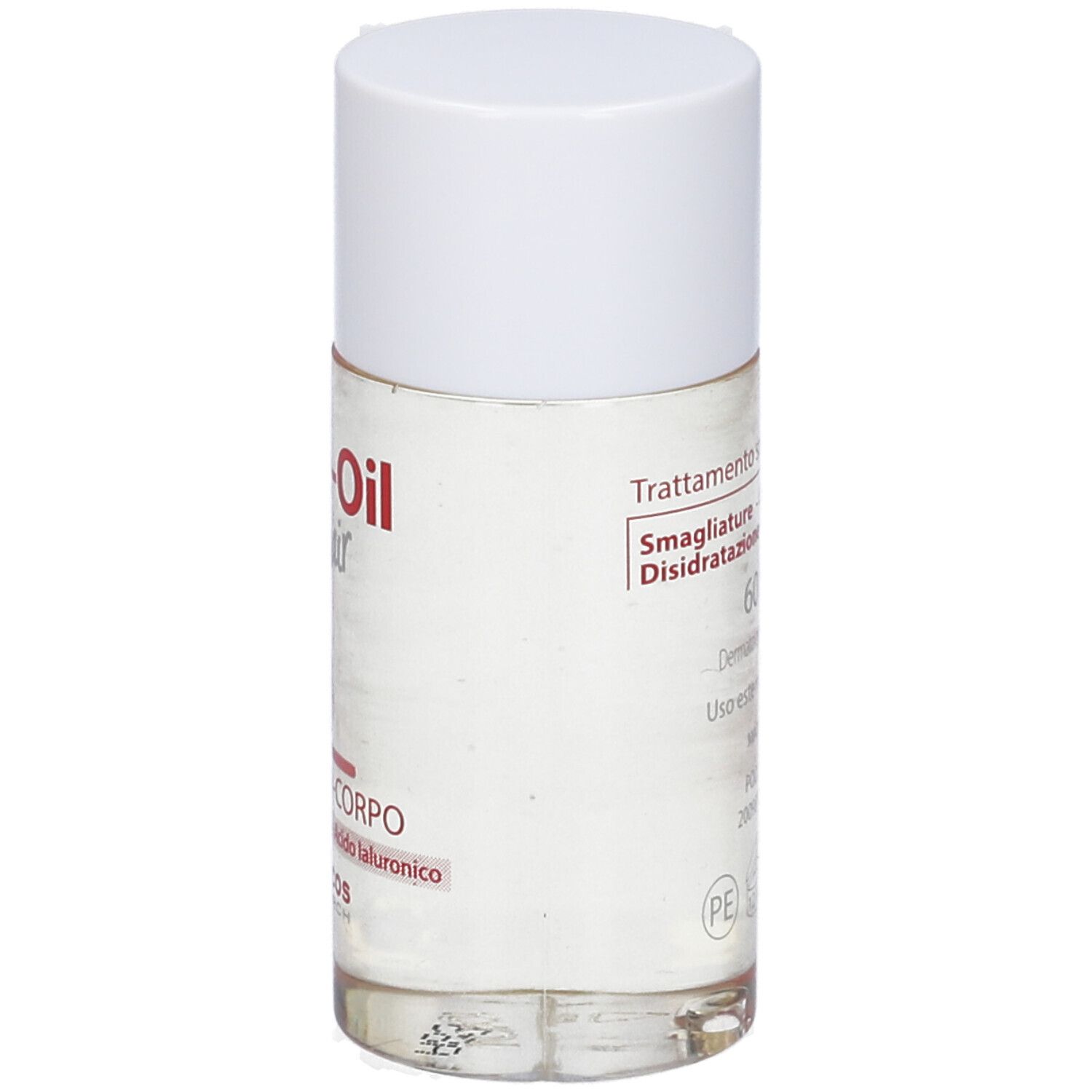 Flacon cylindrique à bouchon blanc. Inscription: Kute-Oil Repair, Viso-Mani-Corpo. Texte avec ingrédients.