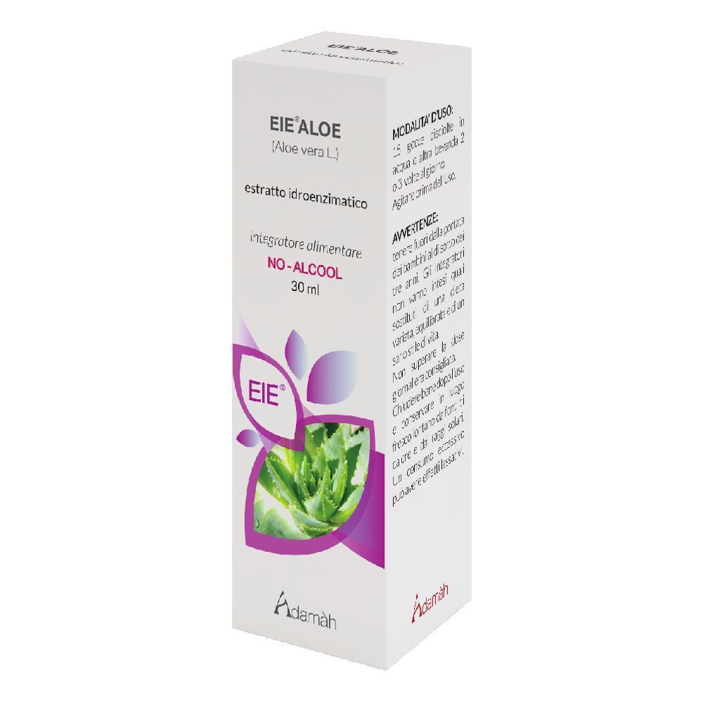 Scatola bianca con informazioni prodotto. Scritto: EIE Aloe, Aloe Vera, 30 ml, NO-ALCOHOL. Logo Adamàh.