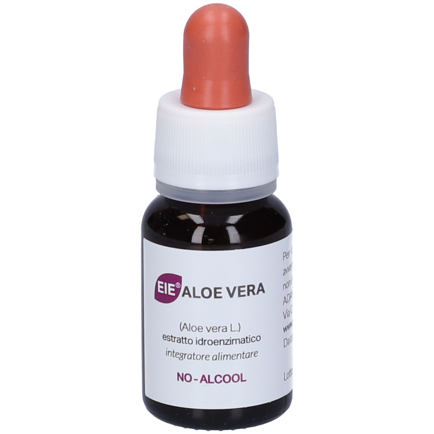 Flacone di vetro marrone con contagocce. Scritto: EIE Aloe Vera, (Aloe vera L.) estratto, NO-ALCOHOL. Contagocce rosso.