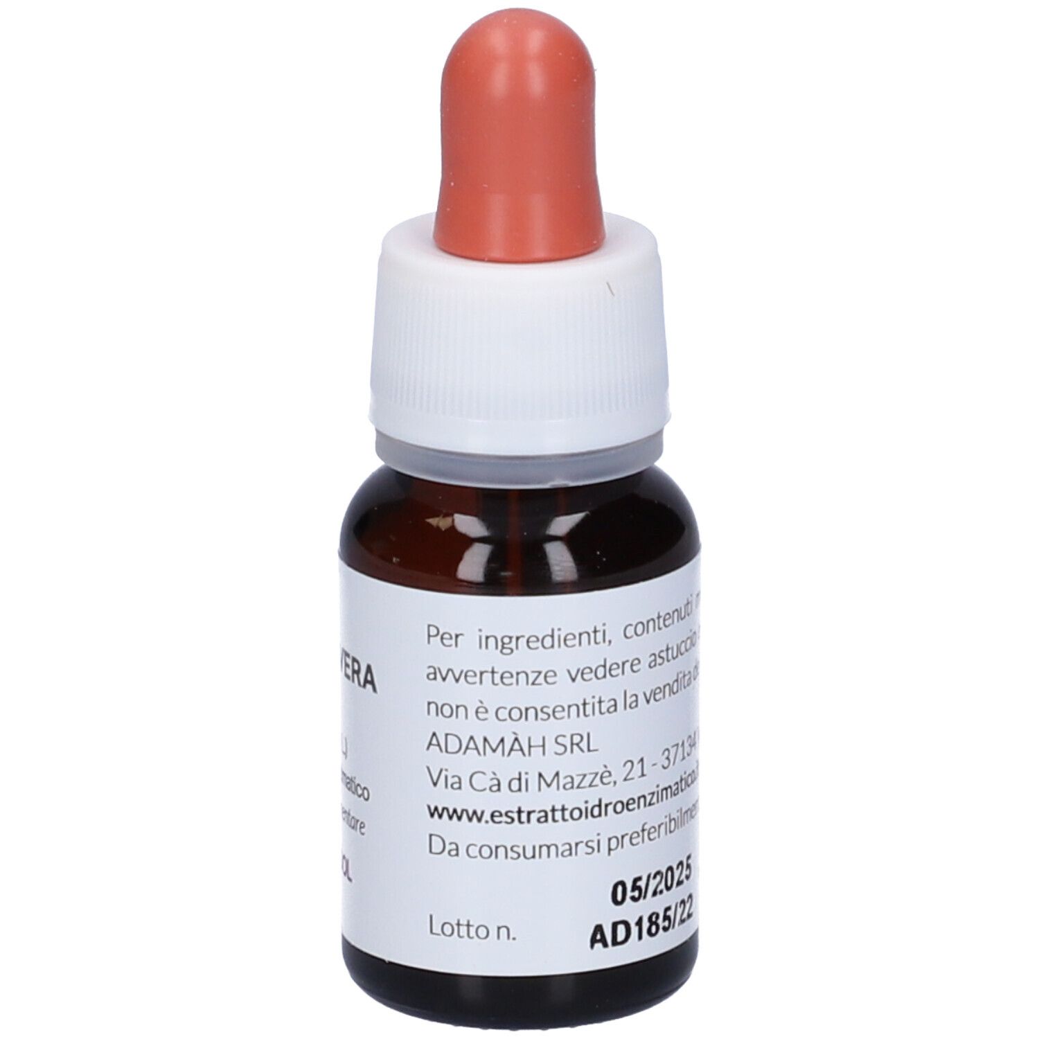 Flacone di vetro marrone con contagocce. Scritto: EIE Aloe Vera, (Aloe vera L.) estratto, NO-ALCOHOL. Contagocce rosso.