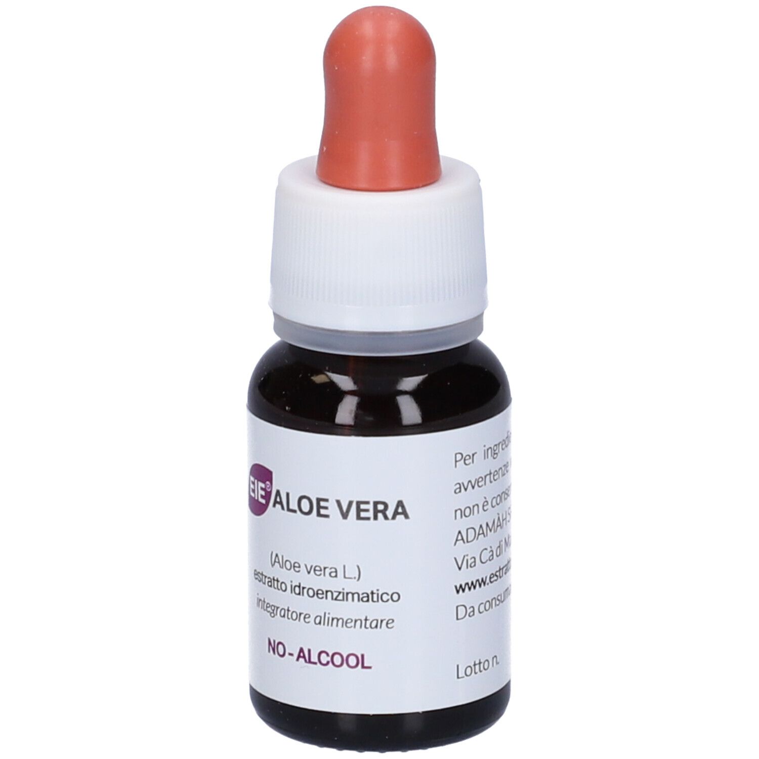 Flacone di vetro marrone con contagocce. Scritto: EIE Aloe Vera, (Aloe vera L.) estratto, NO-ALCOHOL. Contagocce rosso.
