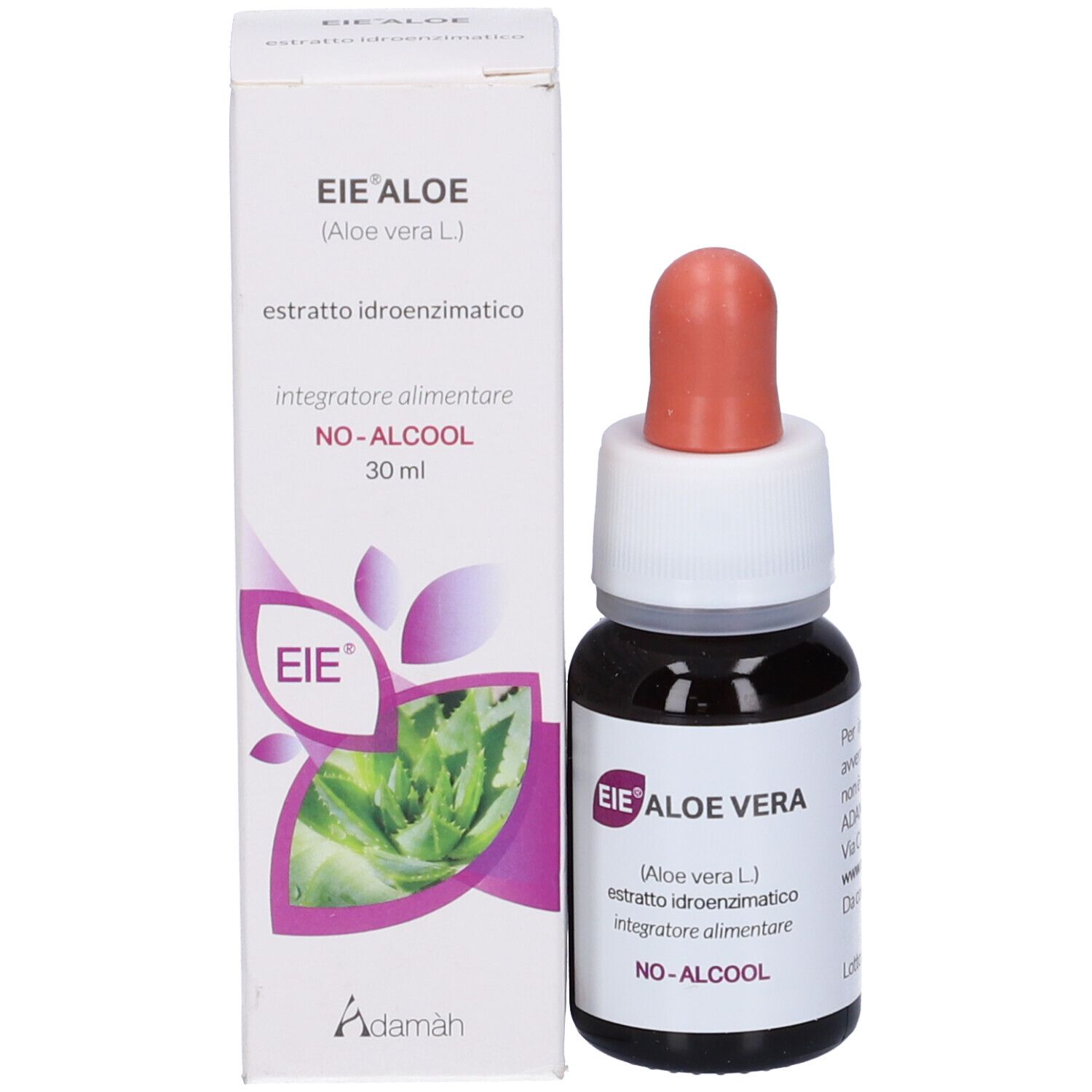 Confezione prodotto con flacone e contagocce. Scritto: EIE Aloe, Aloe Vera, 30 ml, NO-ALCOHOL. Logo Adamàh.
