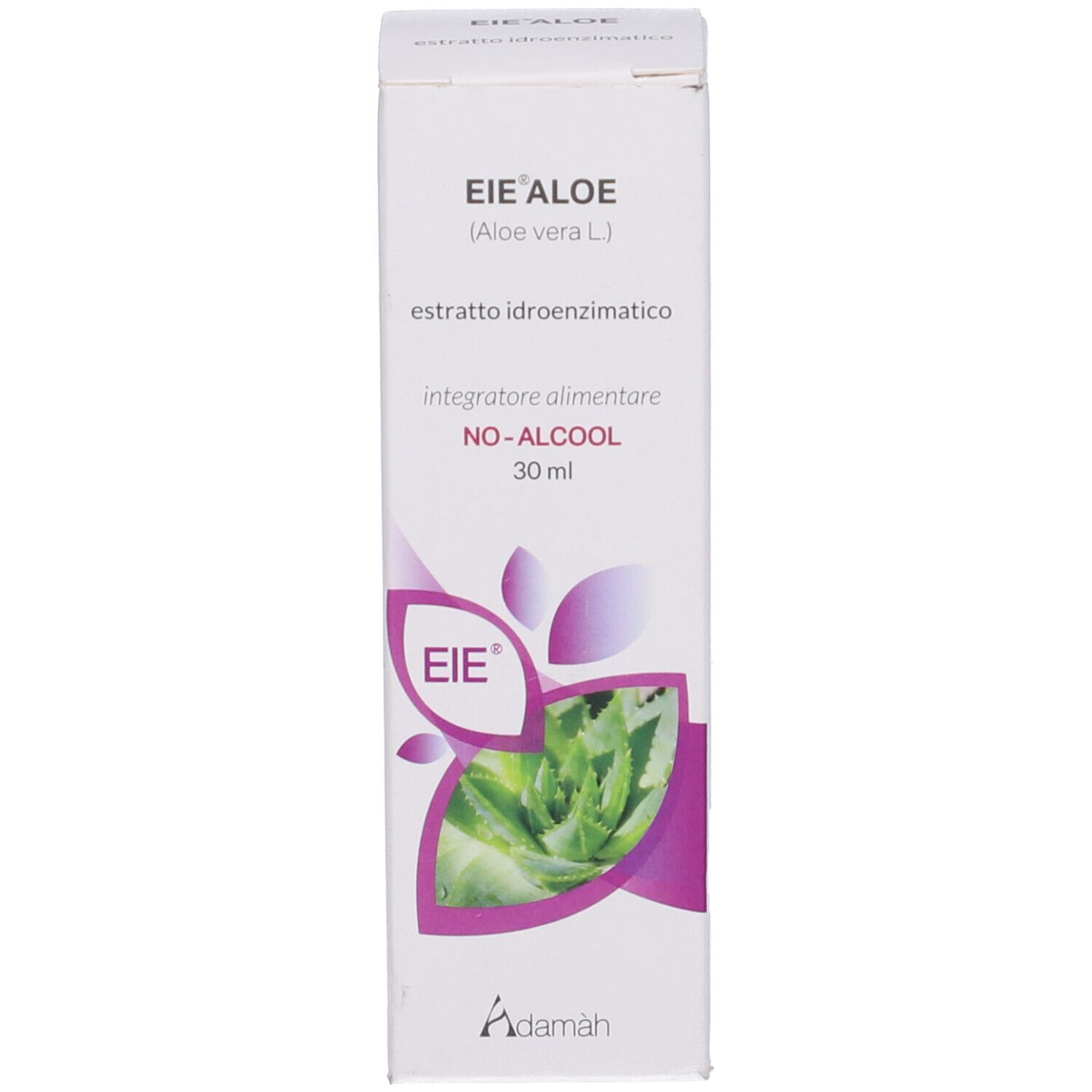 Scatola bianca con informazioni prodotto. Scritto: EIE Aloe, Aloe Vera, 30 ml, NO-ALCOHOL. Logo Adamàh.