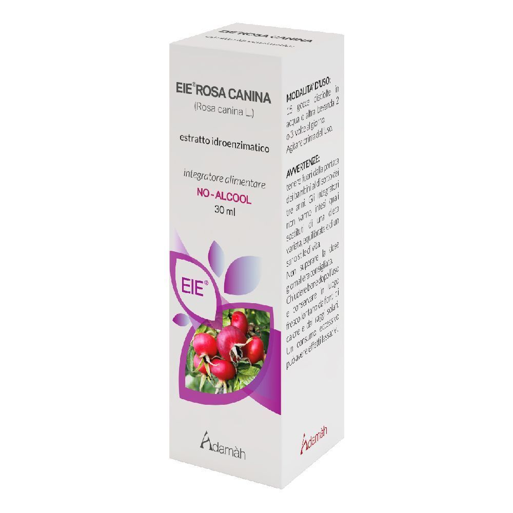 Scatola bianca con nome del prodotto e illustrazione di rosa canina. Testo: EIE Rosa Canina, 30 ml, NO-ALCOOL.