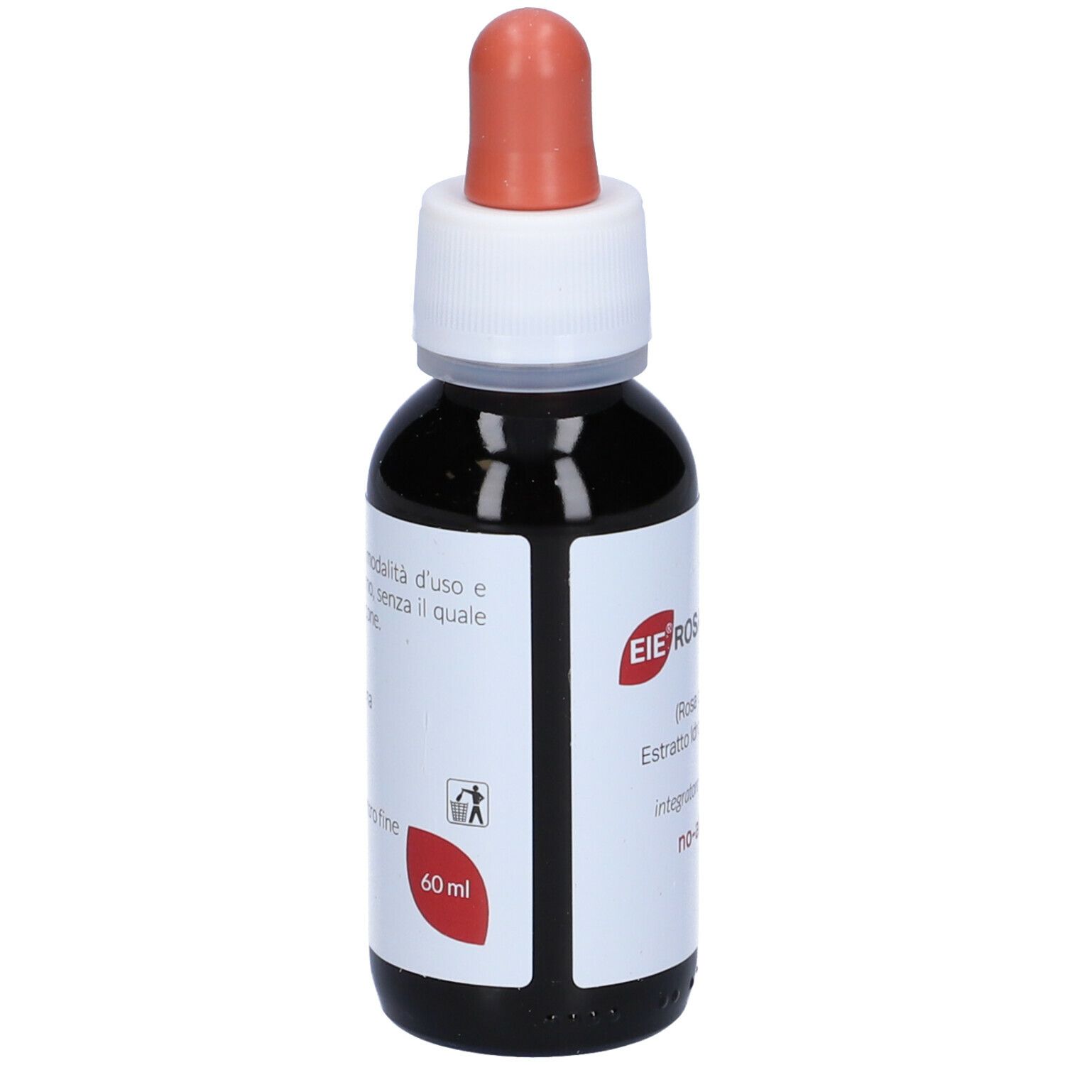 Flacone di vetro marrone con contagocce. Etichetta con nome del prodotto e testo: EIE Rosa Canina, 60 ml, no-alcool.