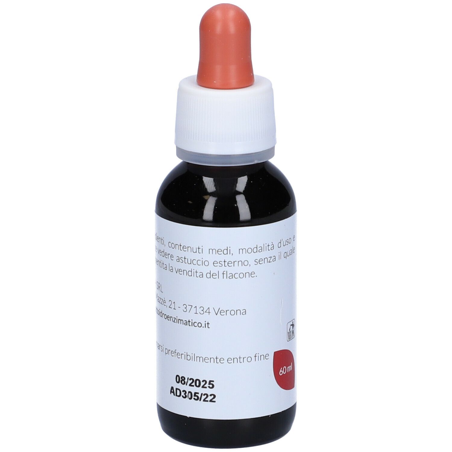 Flacone di vetro marrone con contagocce. Etichetta con nome del prodotto e testo: EIE Rosa Canina, 60 ml, no-alcool.