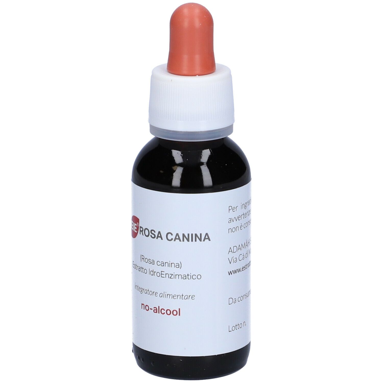 Flacone di vetro marrone con contagocce. Etichetta con nome del prodotto e testo: EIE Rosa Canina, 60 ml, no-alcool.