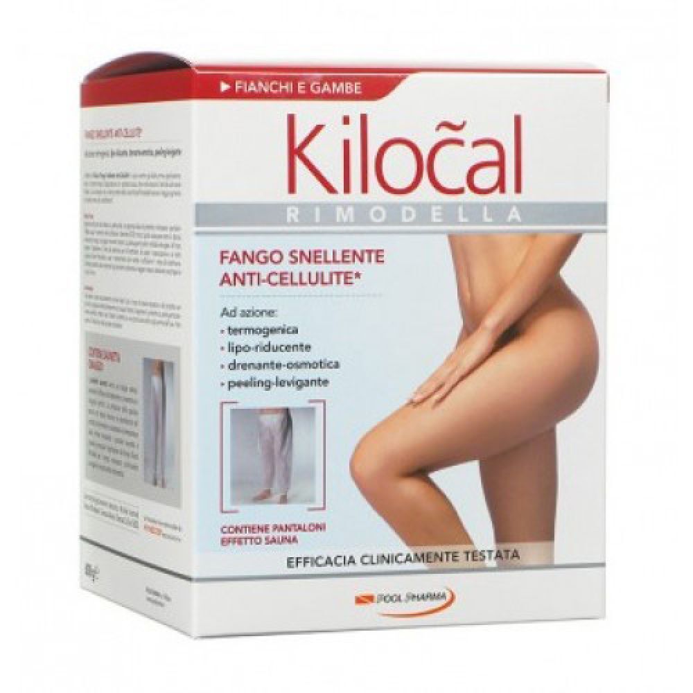 Confezione Kilocal Rimodella. Scritto: Fango Snellente Anti-Cellulite. Immagine di donna. Contiene pantaloni effetto sauna.