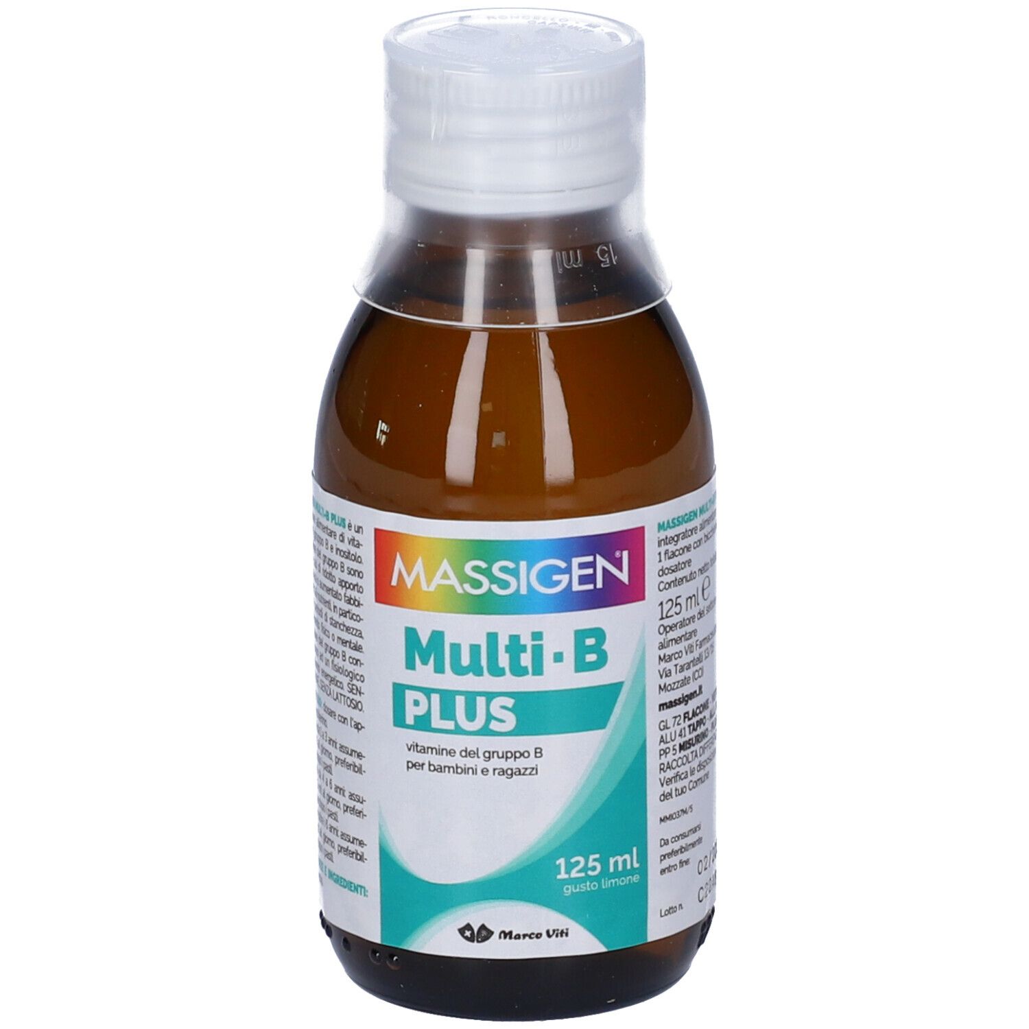 Braune Glasflasche mit weißem Deckel. Aufschrift: MASSIGEN Multi-B PLUS, 125 ml. Etikett mit Produktinformationen.