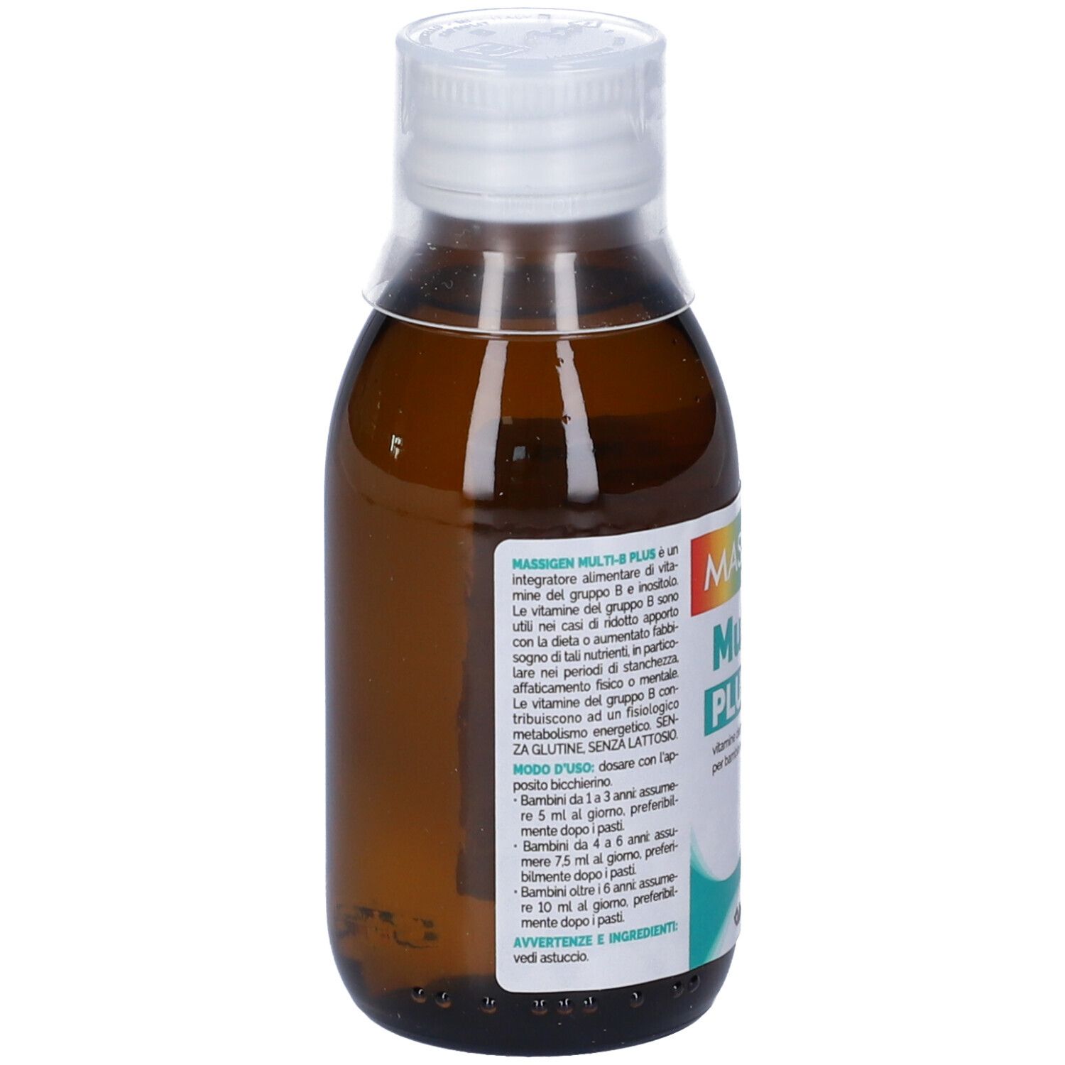 Braune Glasflasche mit weißem Deckel. Etikett mit Produktinformationen. Rückansicht der Flasche.