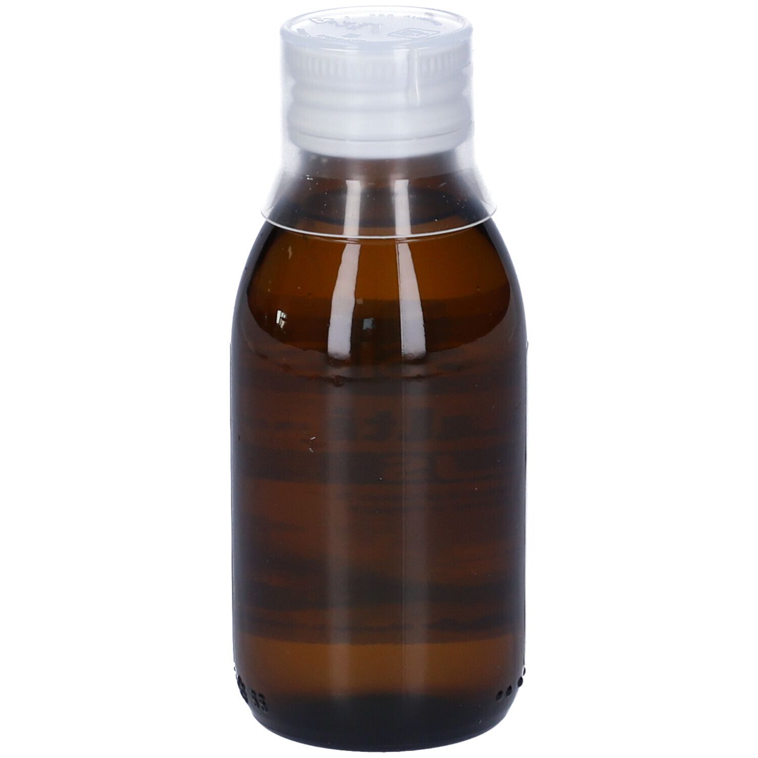 Braune Glasflasche mit weißem Deckel. Der Inhalt ist sichtbar. Keine weiteren Details.