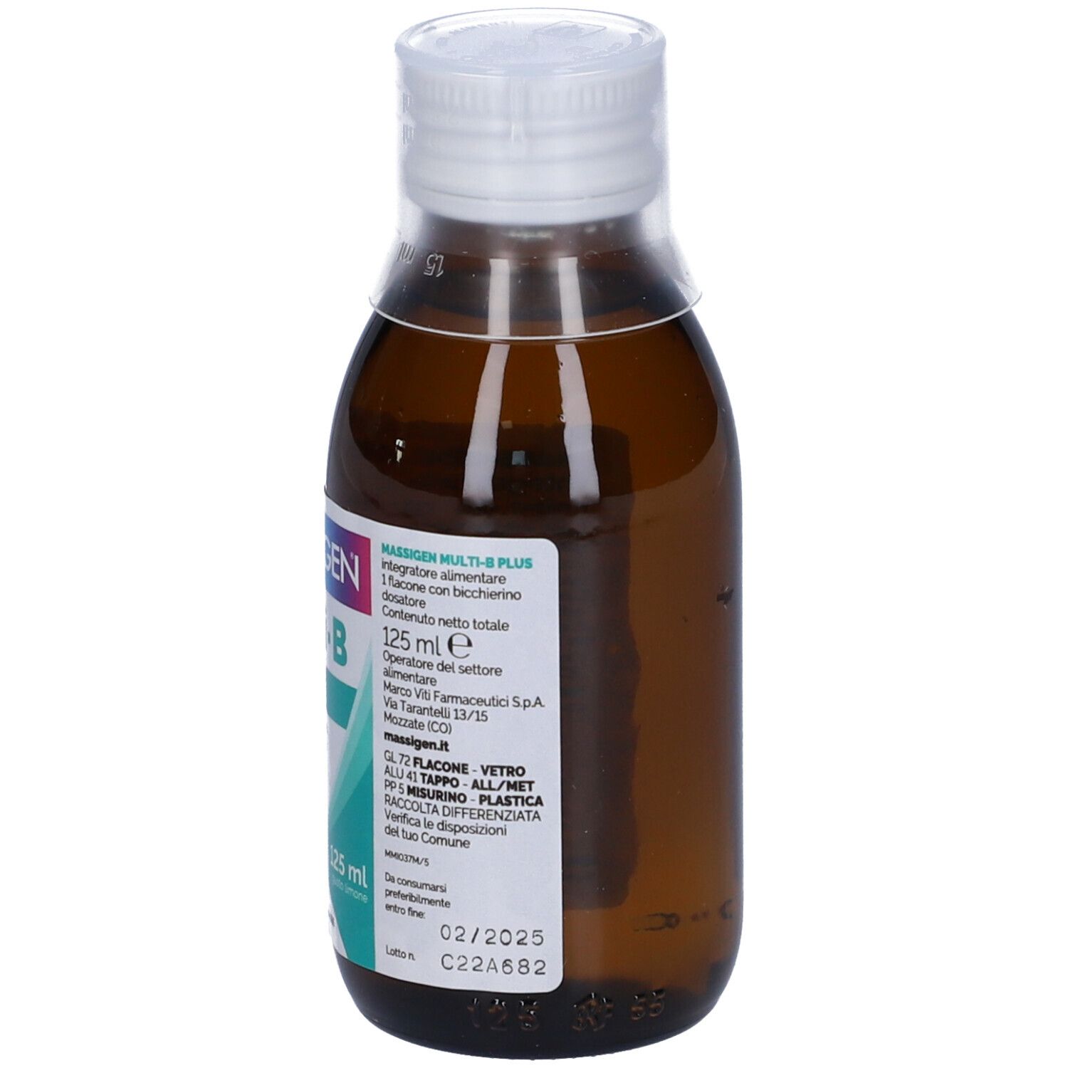 Braune Glasflasche mit weißem Deckel. Etikett mit Produktinformationen. 125 ml. Verfallsdatum 02/2025.