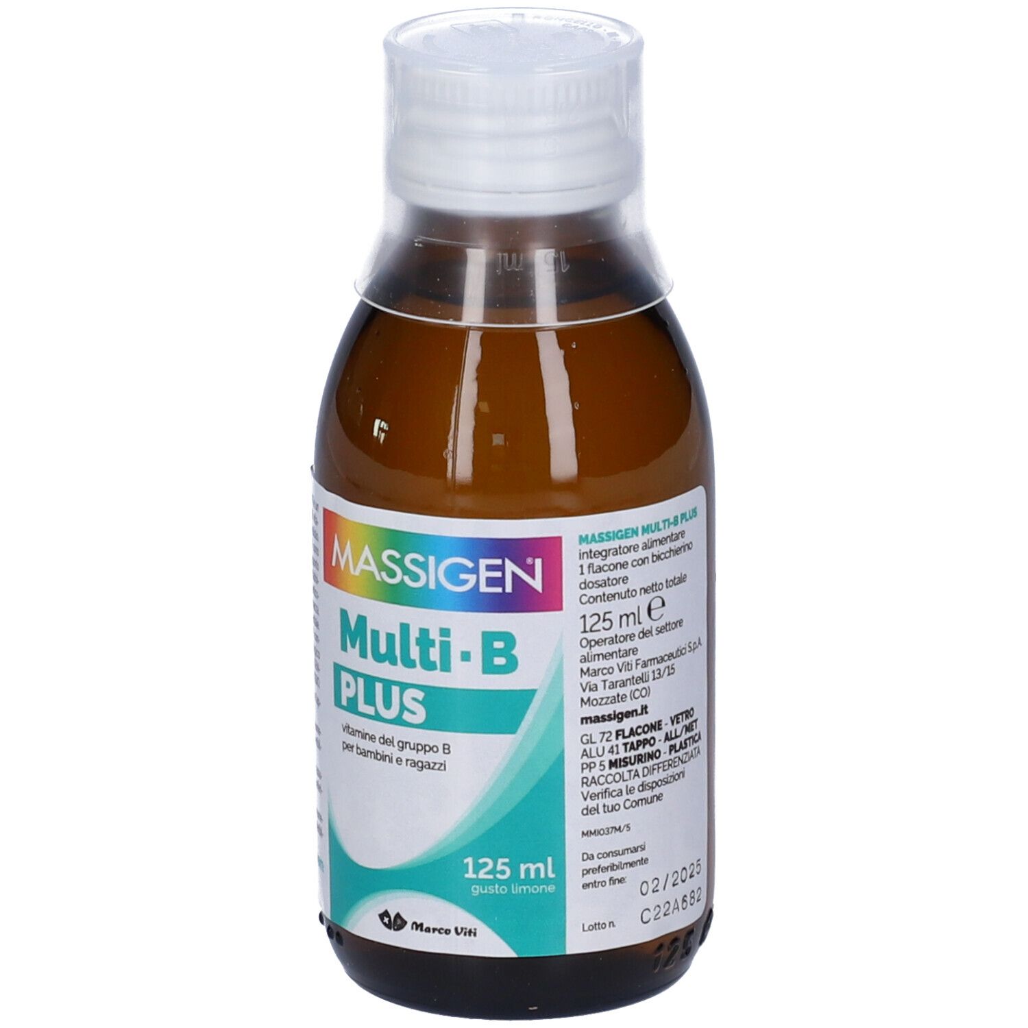 Braune Glasflasche mit weißem Deckel. Aufschrift: MASSIGEN Multi-B PLUS, 125 ml. Etikett mit Produktinformationen.