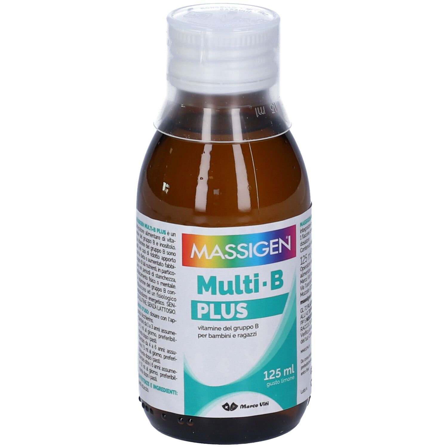 Braune Glasflasche mit weißem Deckel. Aufschrift: MASSIGEN Multi-B PLUS, 125 ml. Etikett mit Produktinformationen.