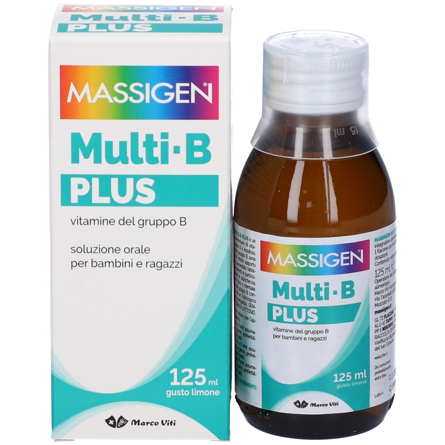 Produktflasche und Verpackung. Aufschrift: MASSIGEN Multi-B PLUS, 125 ml. Verpackung mit Produktinformationen.