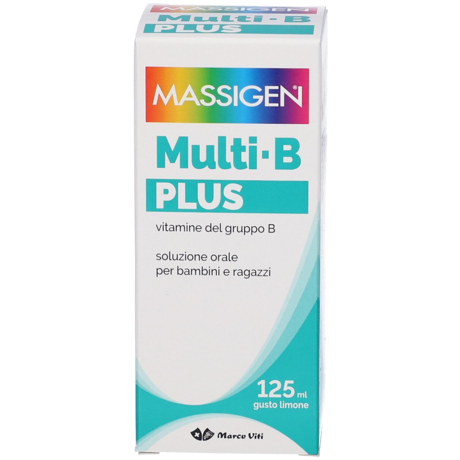 Weiße Verpackung mit Aufschrift: MASSIGEN Multi-B PLUS, 125 ml. Produktinformationen und Logo.