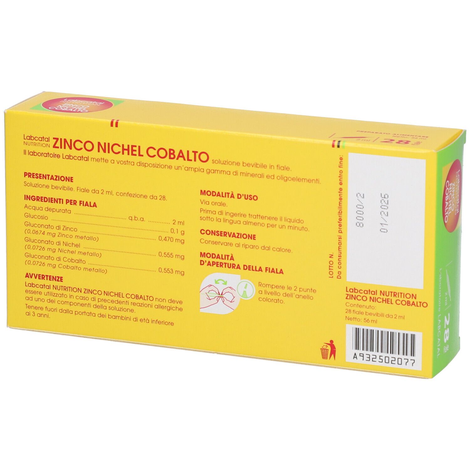 Scatola gialla con testo. Scritta: Labcatal Nutrition Zinco Nichel Cobalto. Contiene 28 fiale. Ingredienti e modalità d'uso.