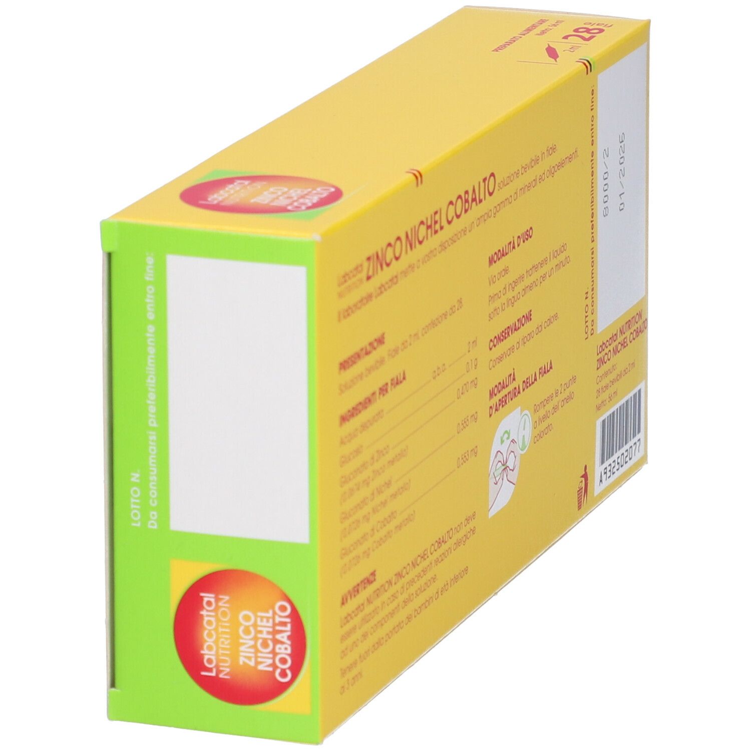 Scatola gialla con testo. Scritta: Labcatal Nutrition Zinco Nichel Cobalto. Contiene 28 fiale. Ingredienti e modalità d'uso.