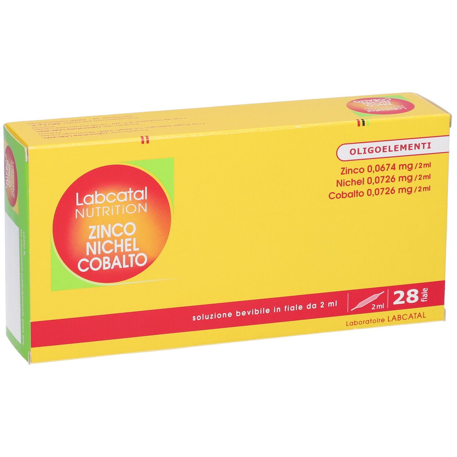 Scatola gialla con fascia rossa. Scritta: Labcatal Nutrition Zinco Nichel Cobalto. Contiene 28 fiale.