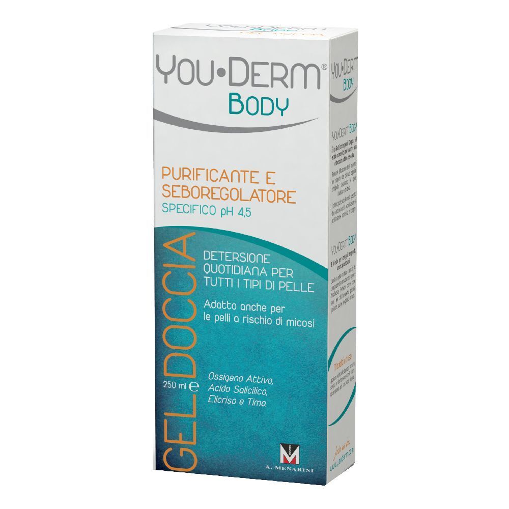 Weißer Karton mit Produktaufdruck. Aufschrift: You-Derm Body, Gel Doccia, pH 4,5. Mit Inhaltsangaben.