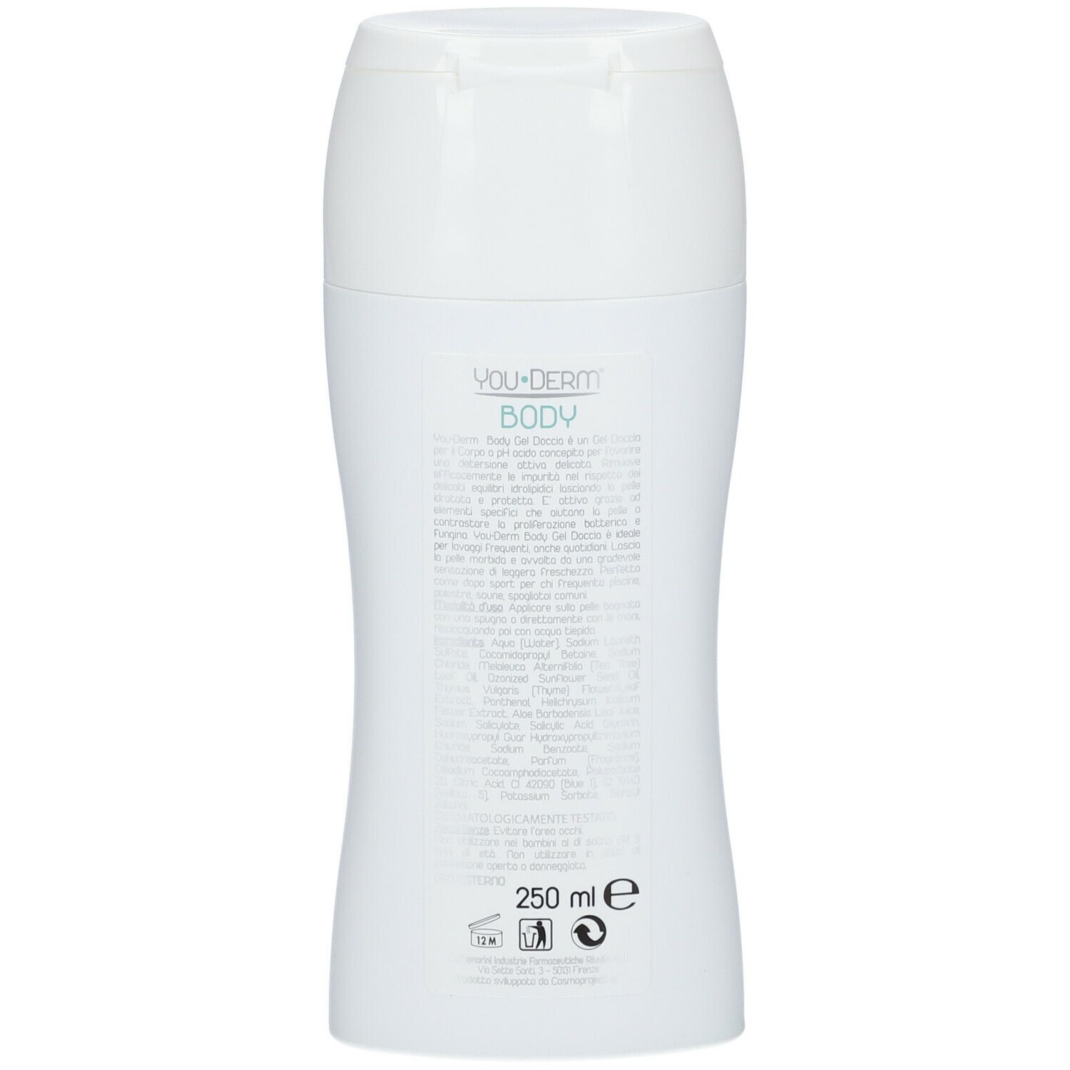 Rückseite einer weißen Flasche. Text mit Produktinformationen und Inhaltsangaben. 250 ml.