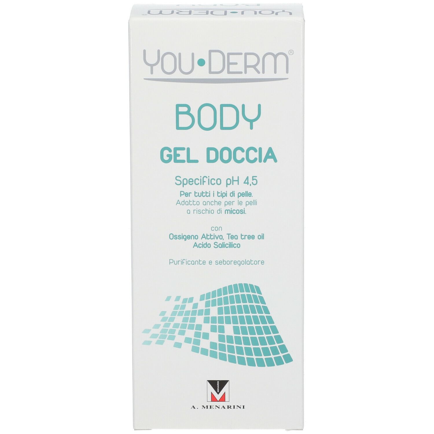 Weißer Karton mit Produktaufdruck. Aufschrift: You-Derm Body, Gel Doccia, pH 4,5. Mit Inhaltsangaben.