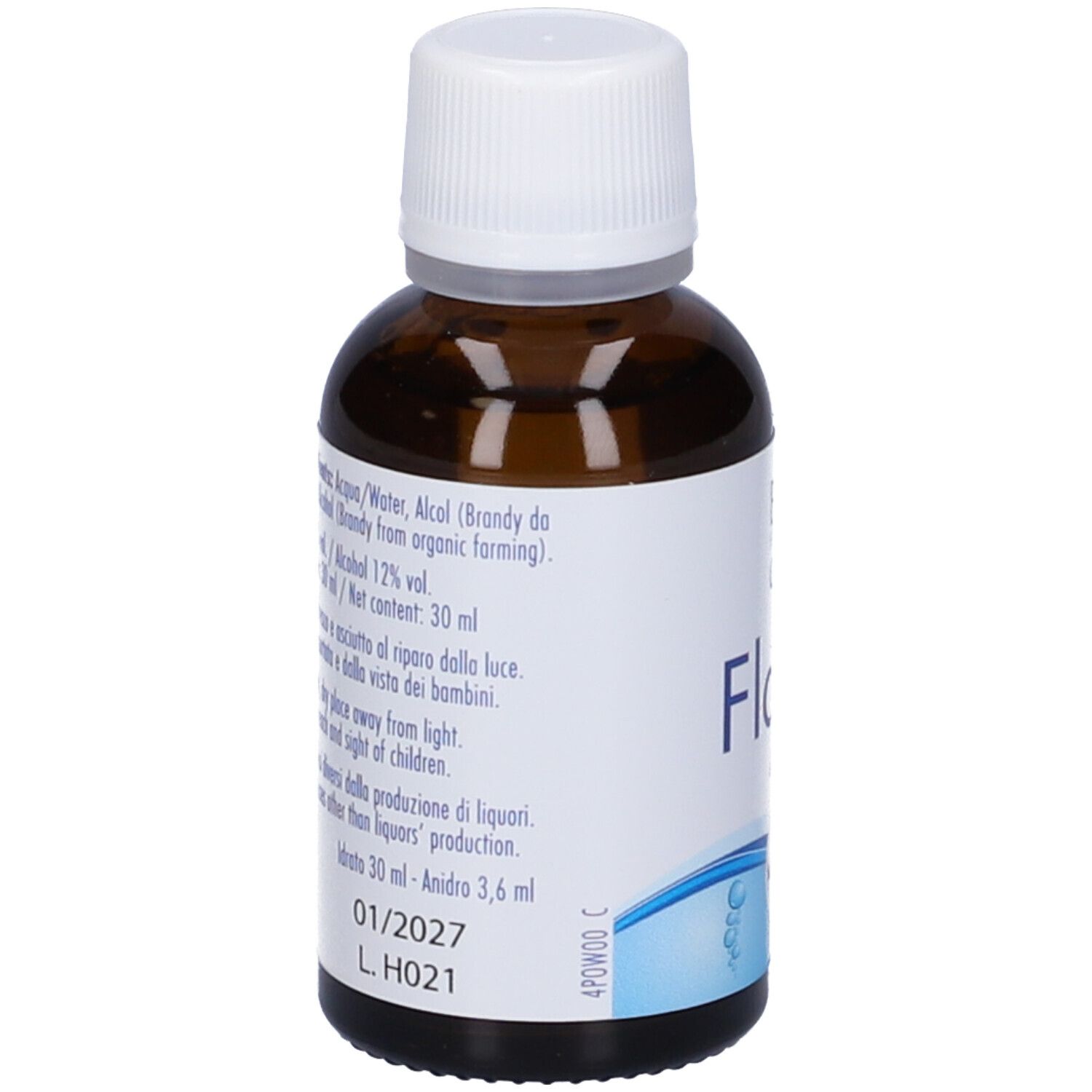 Rückseite einer Guna Flower Power Flasche mit Zutatenliste und Haltbarkeitsdatum.
