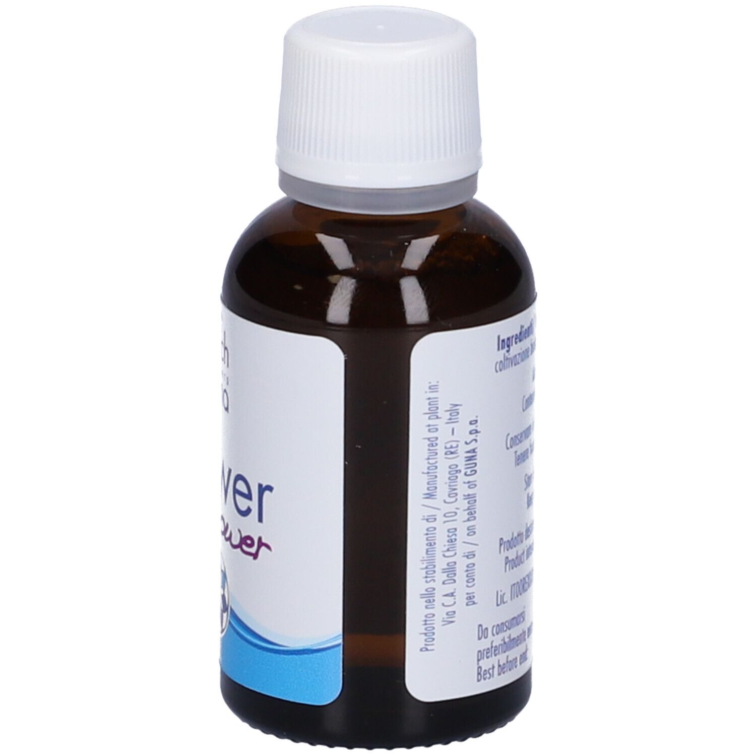 Seite einer Guna Flower Power Flasche mit Herstellerangaben und Produktinformationen.