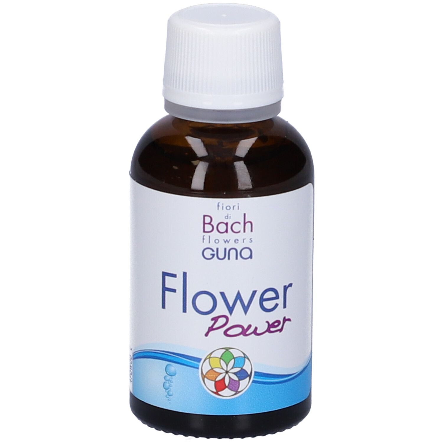 Vorderseite einer Guna Flower Power Flasche mit Logo und Produktbezeichnung.