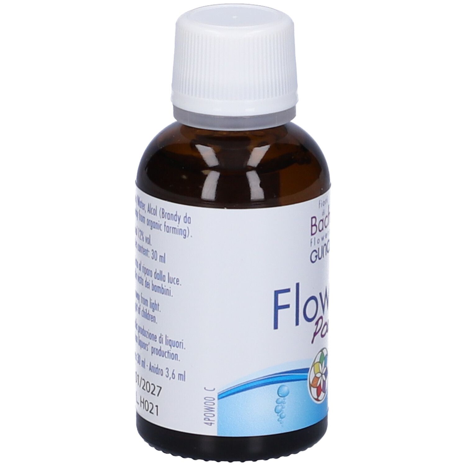 Rückseite einer Guna Flower Power Flasche mit detaillierten Anwendungshinweisen.