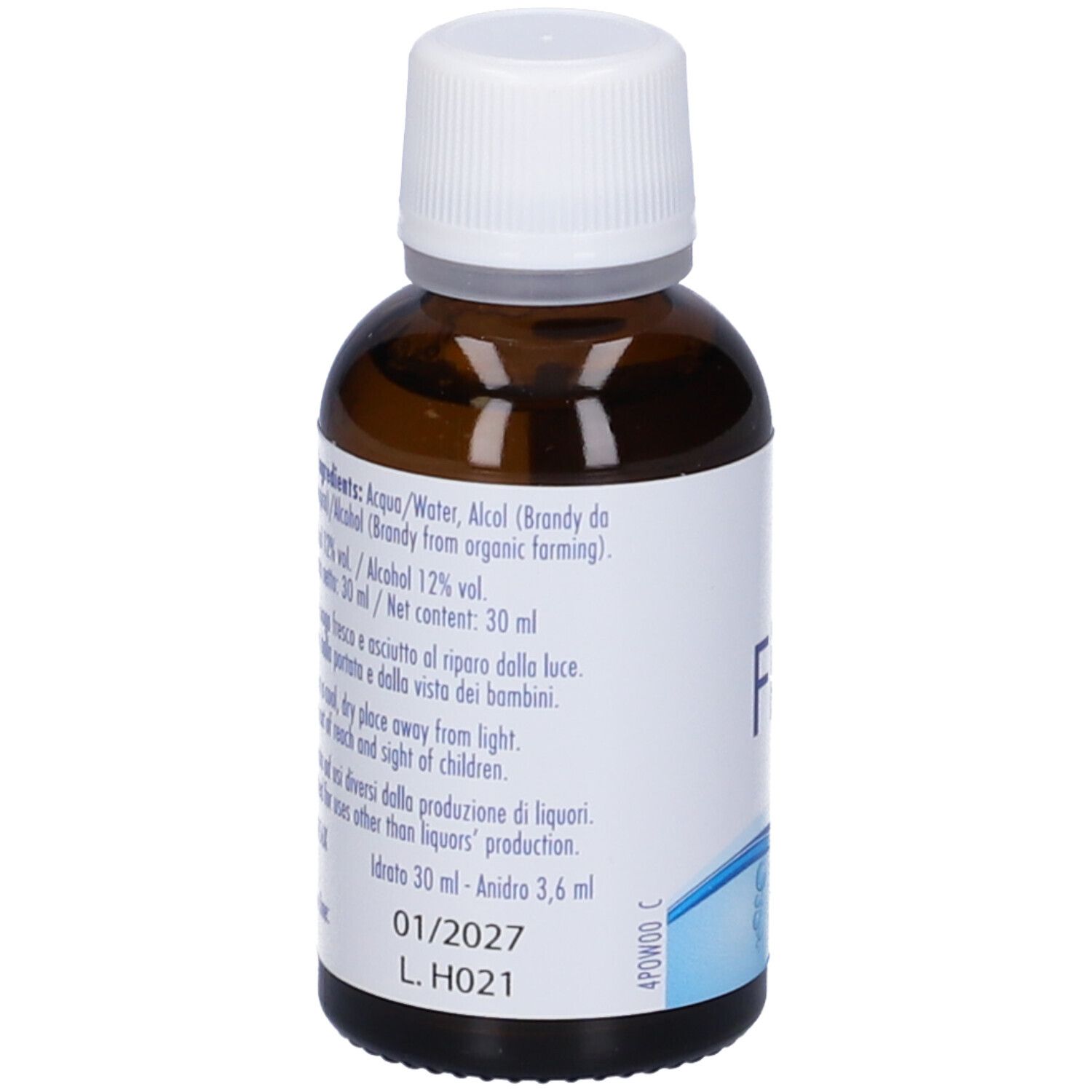 Rückseite einer Guna Flower Power Flasche mit Zutaten und Lagerungshinweisen.