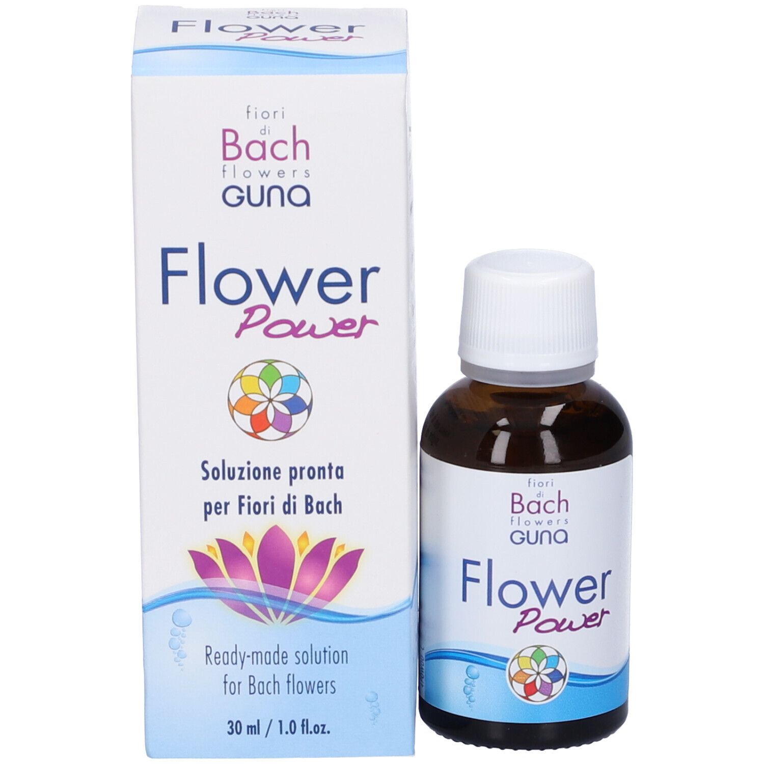 Guna Flower Power Flasche und Faltschachtel mit floralem Design.