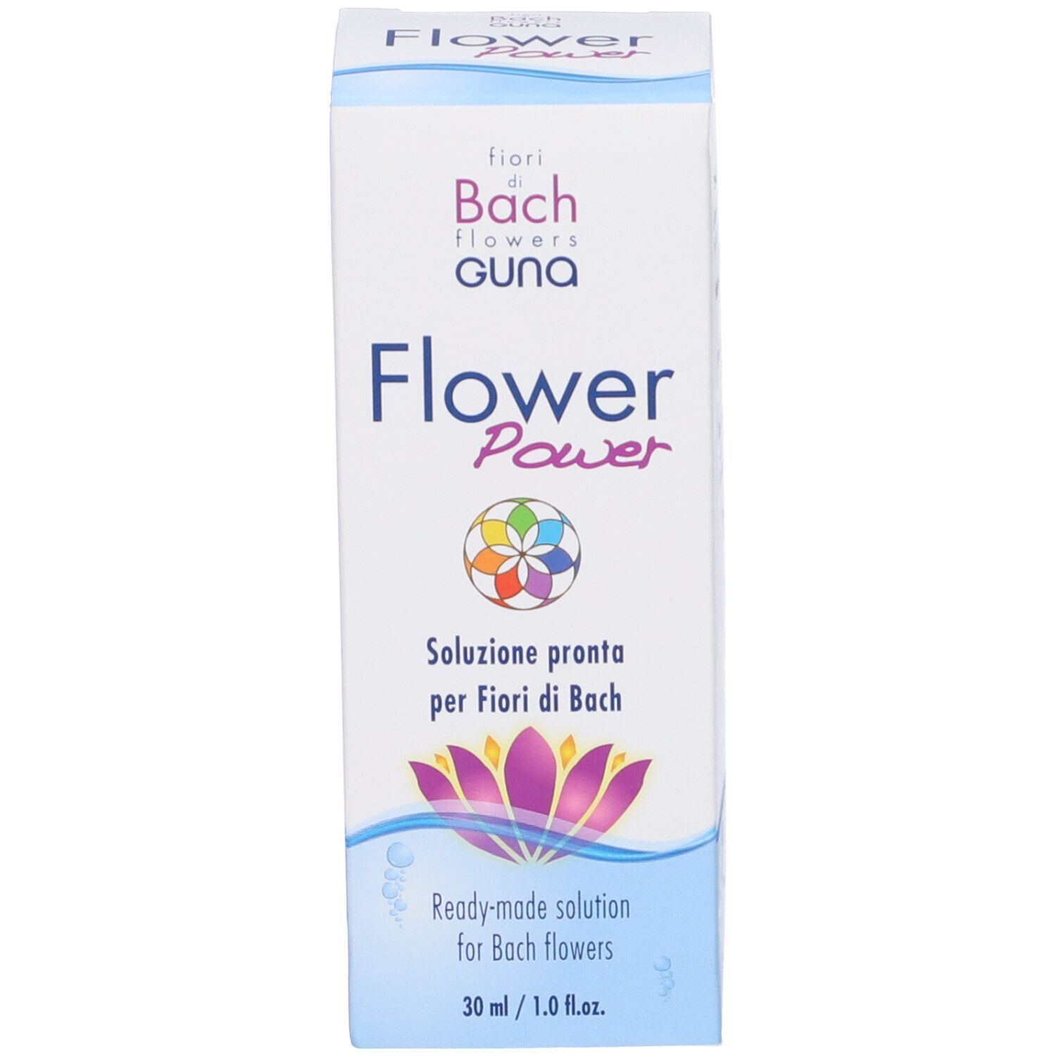 Vorderseite der Faltschachtel von Guna Flower Power mit Produktinformationen.