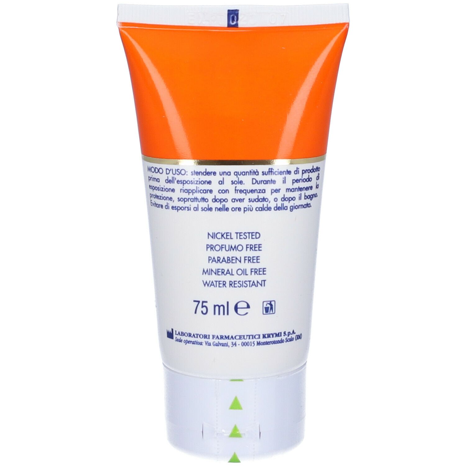 Retro del tubo di crema Nosun MD. Contiene informazioni su uso, ingredienti e certificazioni. 75 ml.