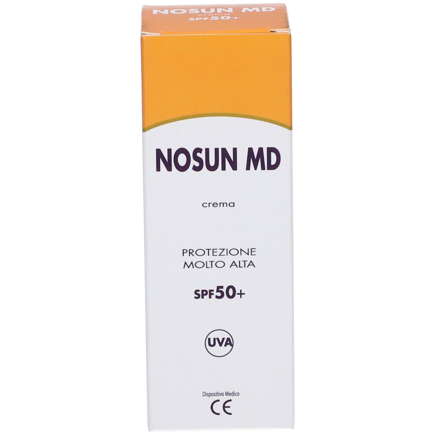 Confezione crema Nosun MD. Nome del prodotto, designazione crema, SPF50+ e indicazione UVA. Colori arancione e bianco.