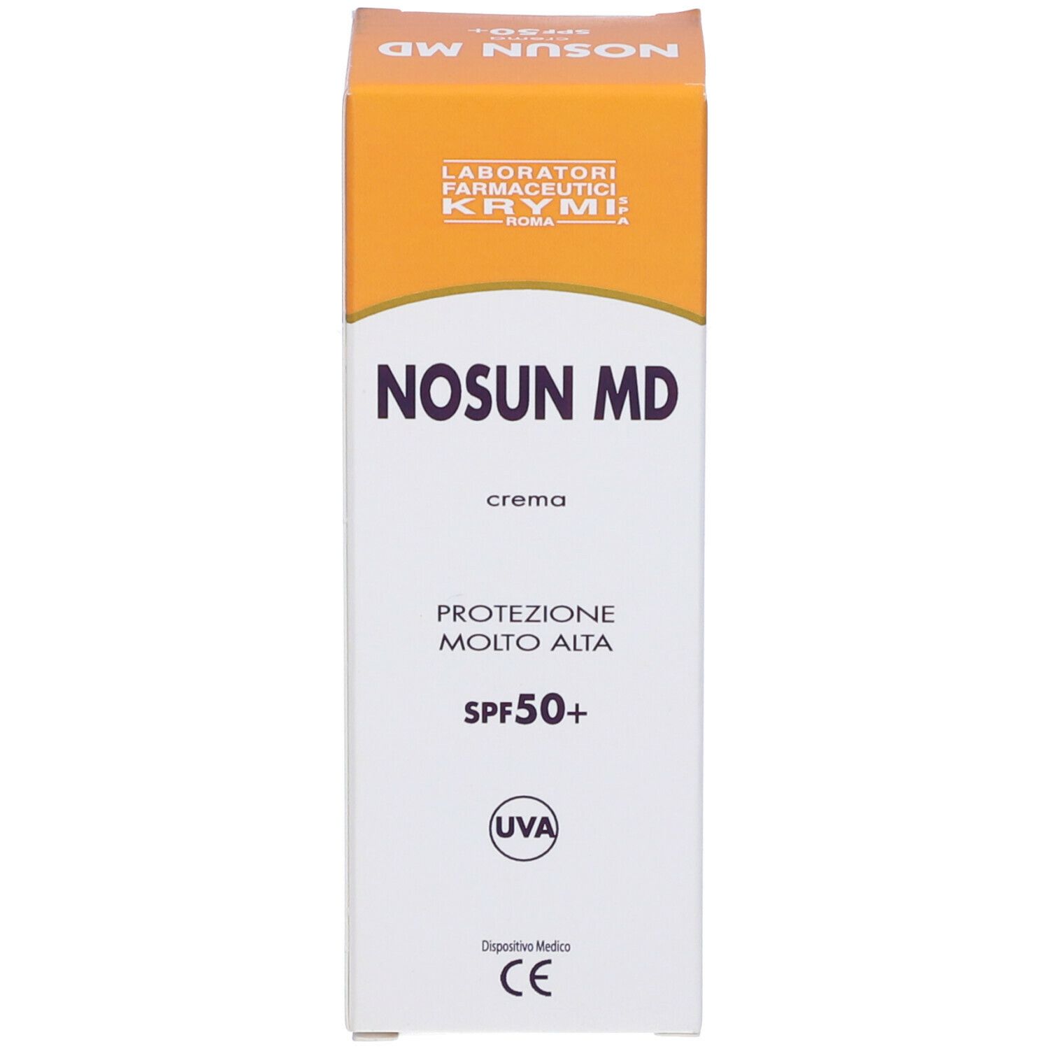 Confezione crema Nosun MD. Nome del prodotto, designazione crema, SPF50+ e indicazione UVA. Marchio Krymi Farmaceutici.