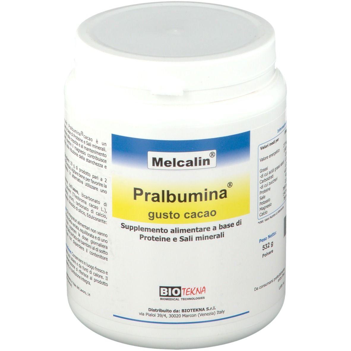 Contenitore bianco di integratore con etichetta blu e gialla. Scritta: Melcalin Pralbumina gusto cacao. Logo BIO TEKNA.