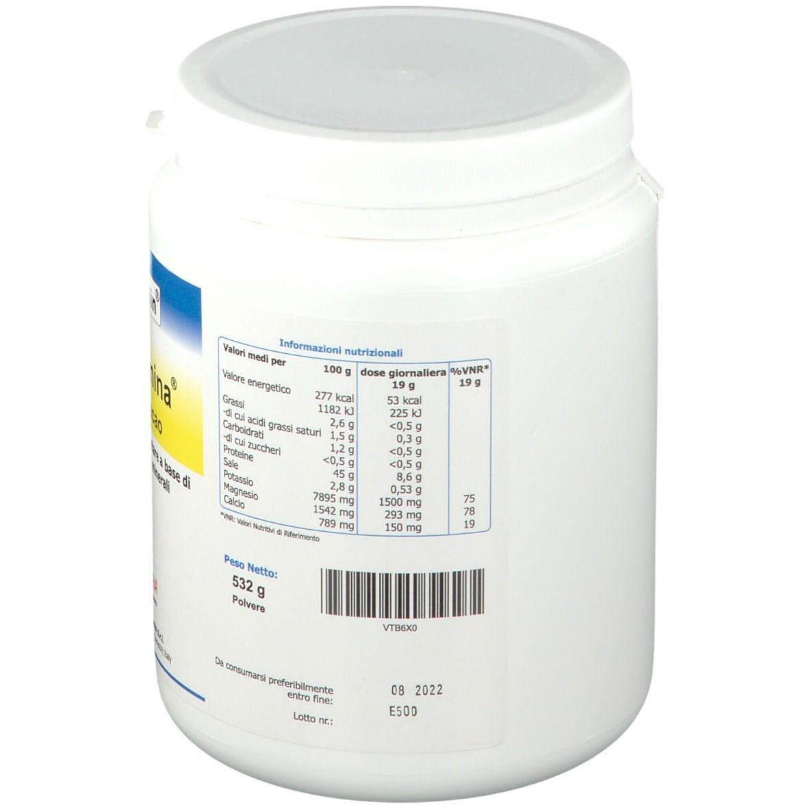 Contenitore bianco di integratore. Sul retro informazioni nutrizionali. Peso: 532 g. Scadenza: 08 2022.