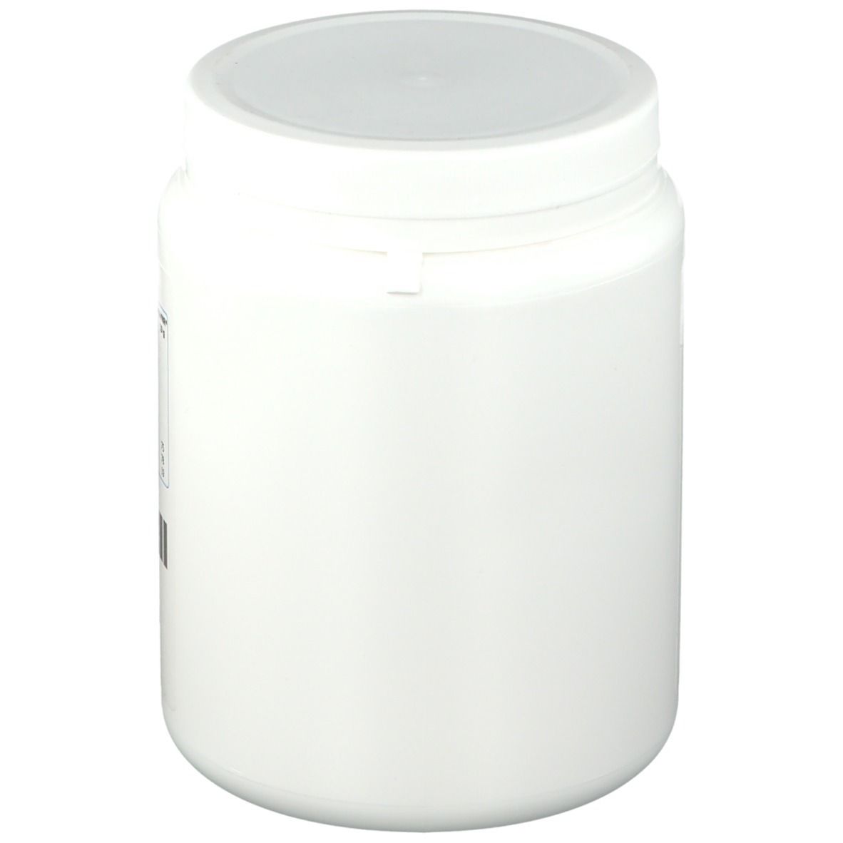 Contenitore cilindrico bianco di integratore con coperchio bianco. Nessuna scritta visibile.