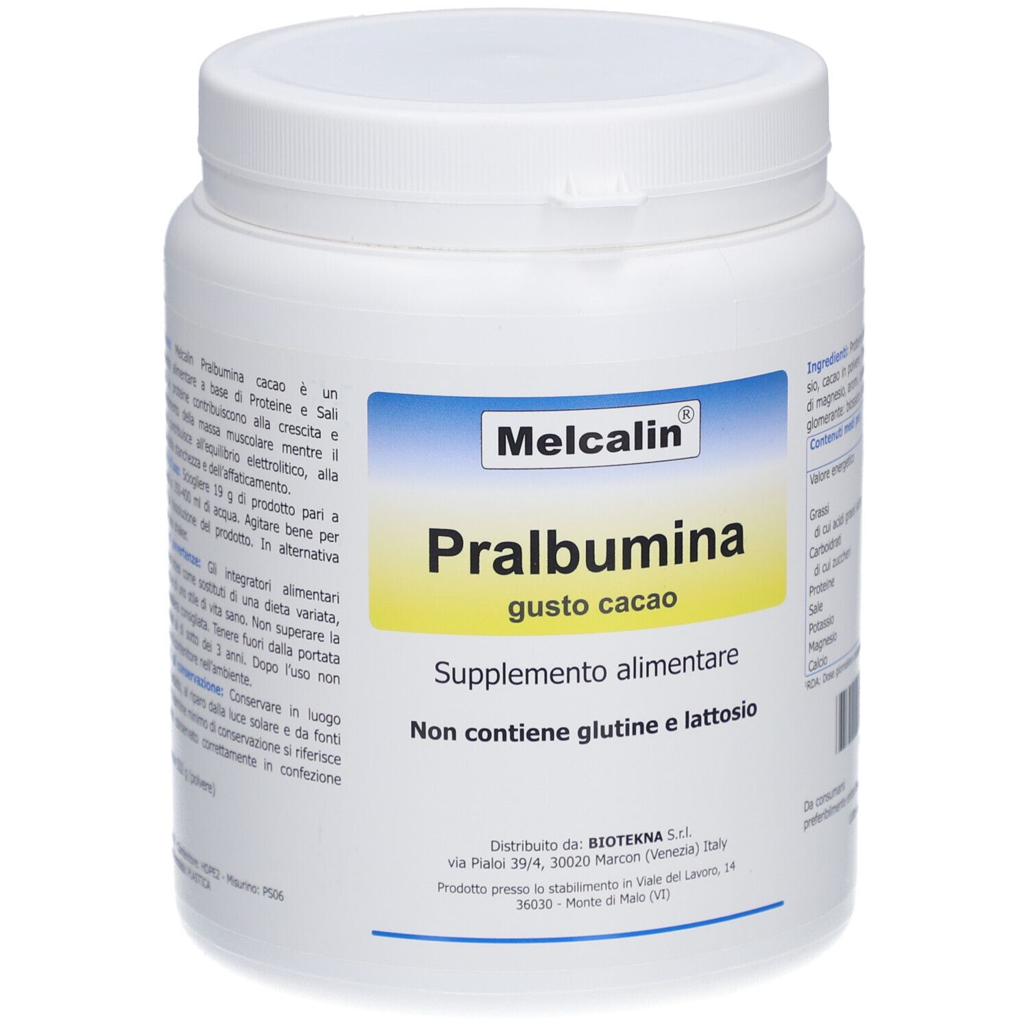 Contenitore bianco di integratore con etichetta blu e gialla. Scritta: Melcalin Pralbumina gusto cacao. Senza glutine e lattosio.