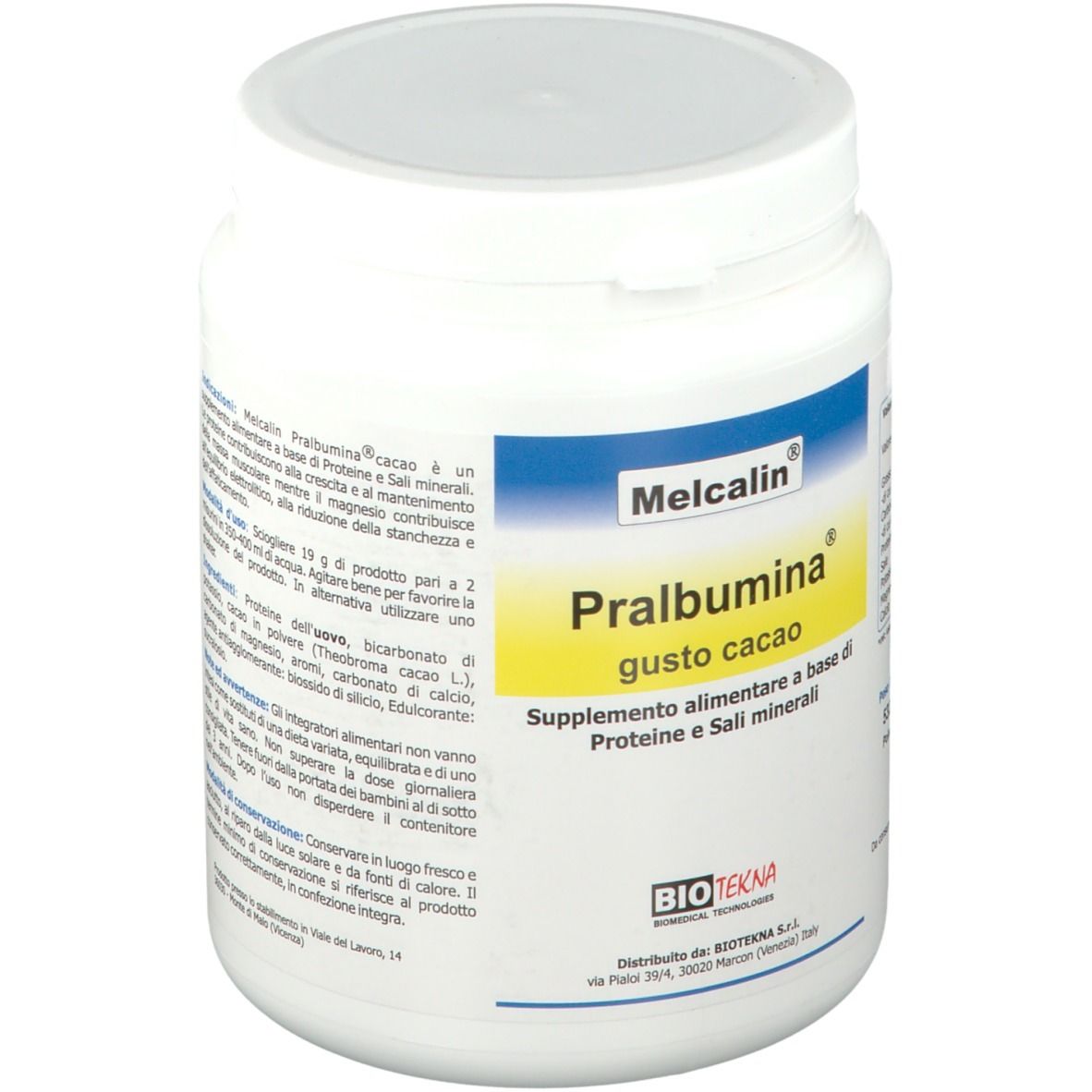 Contenitore bianco di integratore con etichetta blu e gialla. Scritta: Melcalin Pralbumina gusto cacao. Logo BIO TEKNA.