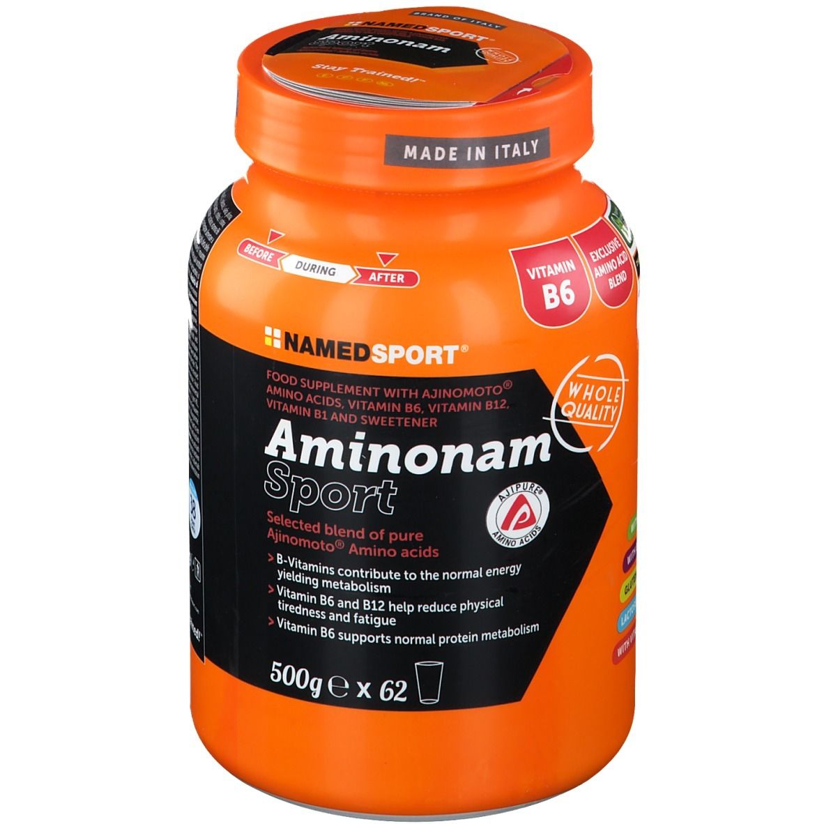 Barattolo arancione NAMEDSPORT® Aminonam Sport. Contiene aminoacidi, vitamina B6, B12. Con Ajinomoto®. 500g x 62 porzioni.