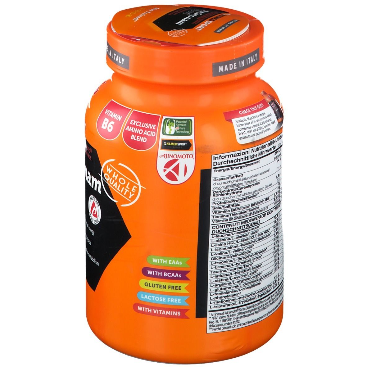 Retro del barattolo arancione NAMEDSPORT® Aminonam Sport. Contiene informazioni nutrizionali e lista ingredienti. Con vitamina B6.