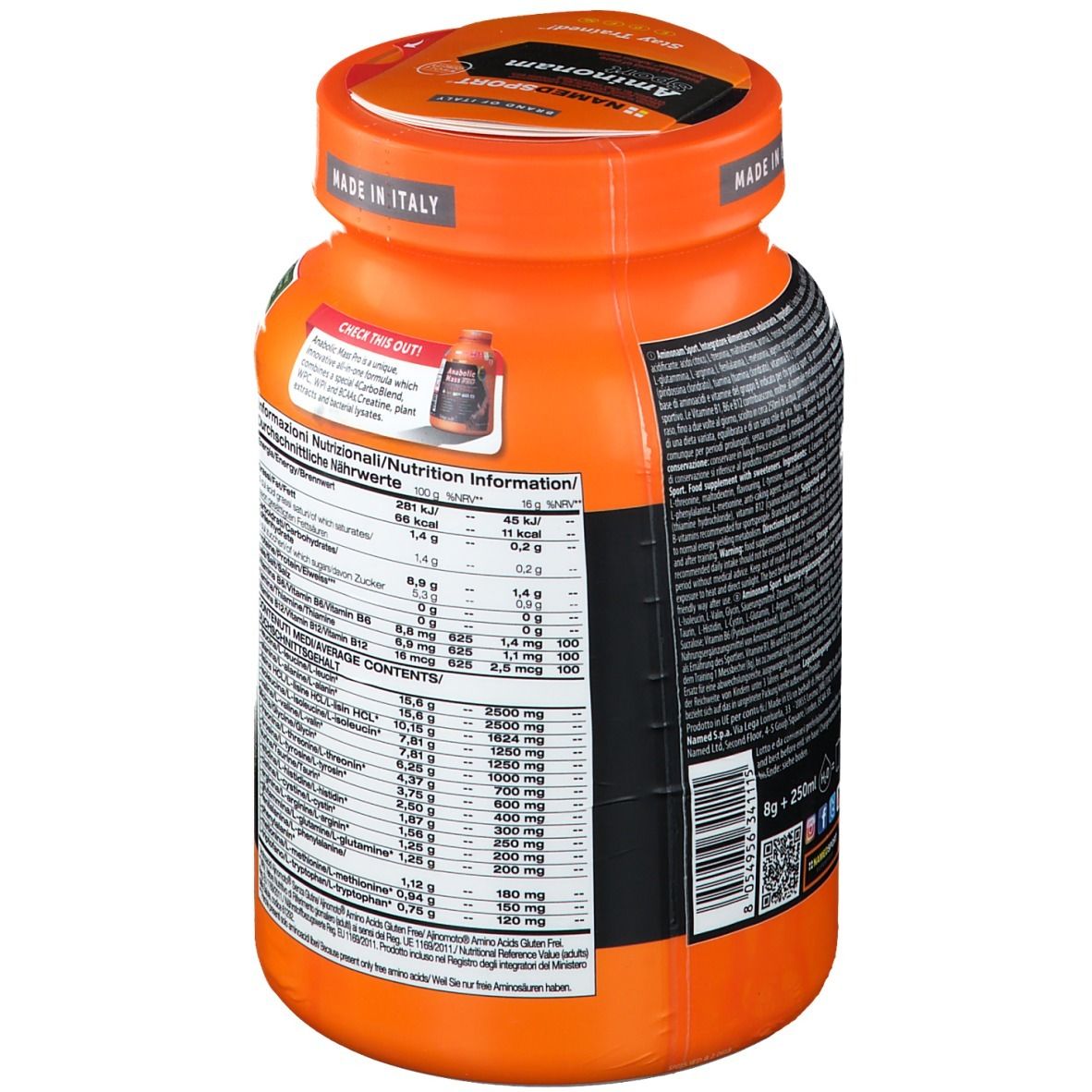 Vista posteriore del barattolo arancione NAMEDSPORT® Aminonam Sport. Contiene informazioni nutrizionali e lista ingredienti.