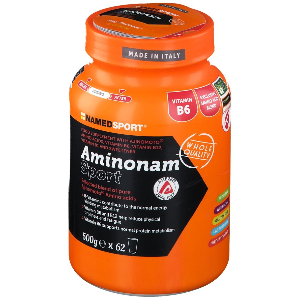 Barattolo arancione NAMEDSPORT® Aminonam Sport. Contiene aminoacidi, vitamina B6, B12. Con Ajinomoto®. 500g x 62 porzioni.