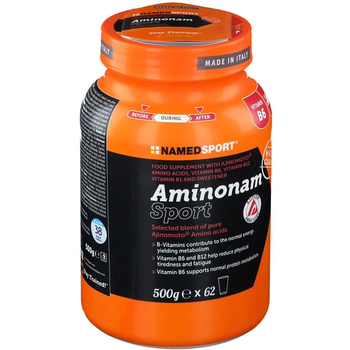 Barattolo arancione NAMEDSPORT® Aminonam Sport. Contiene aminoacidi, vitamina B6, B12. Con Ajinomoto®. 500g x 38 porzioni.