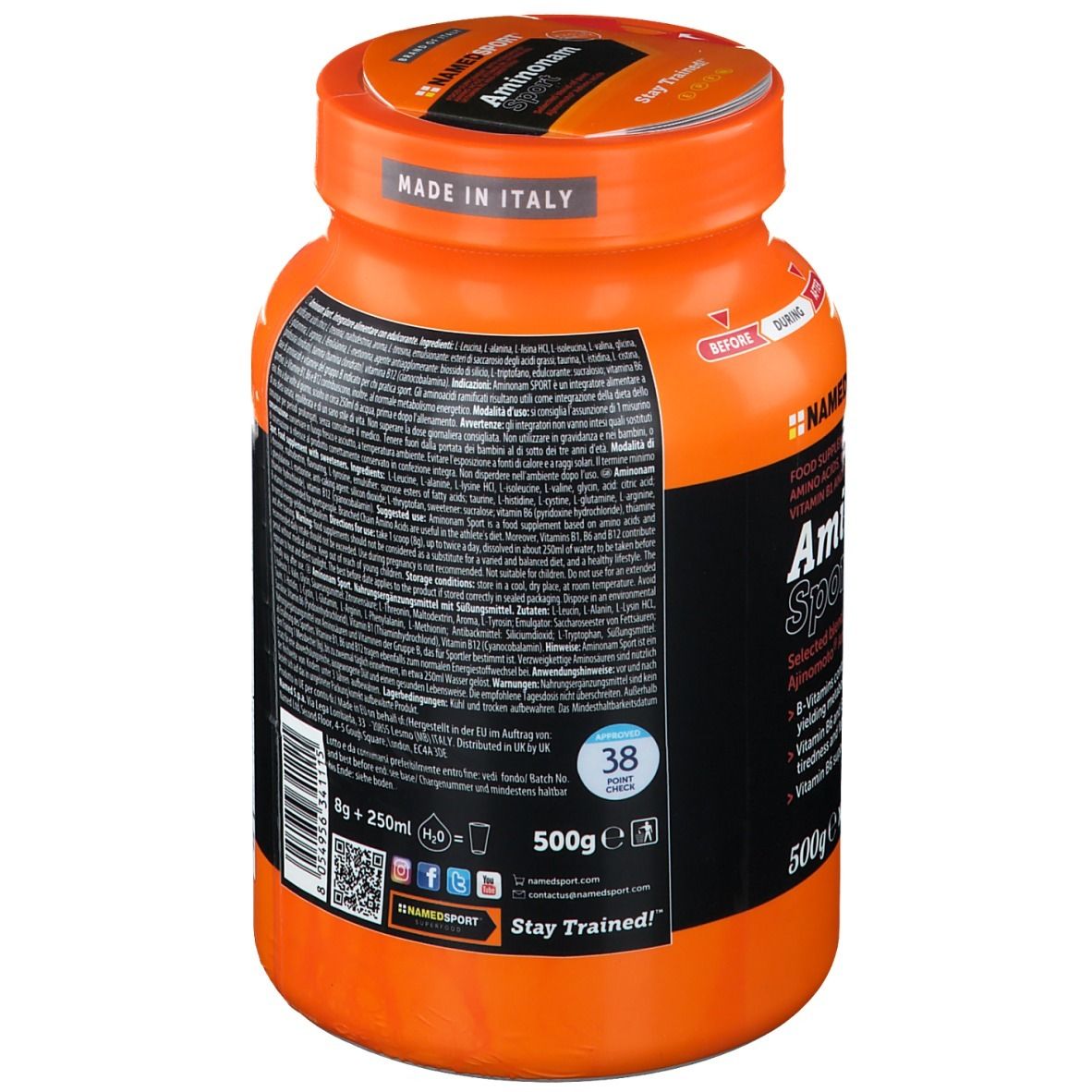 Retro del barattolo arancione NAMEDSPORT® Aminonam Sport. Contiene informazioni nutrizionali e lista ingredienti. 38 porzioni.
